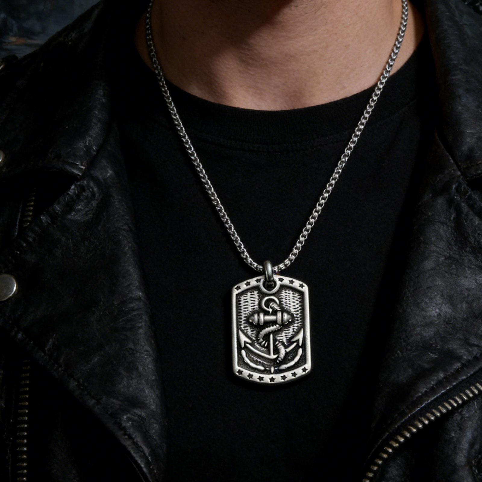Wrapped Anchor Pentagram Dog Tag Necklace